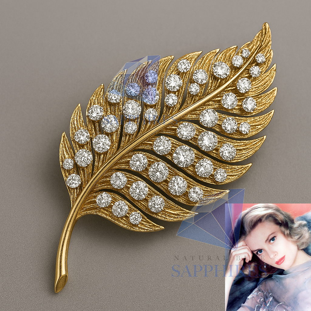 Grace Kelly’s - The Gold and Diamond Leaf Brooch - Natural Blue Sapphires