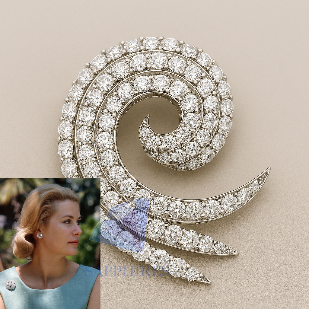 Grace Kelly’s - The Diamond Swirl Brooch - Natural Blue Sapphires